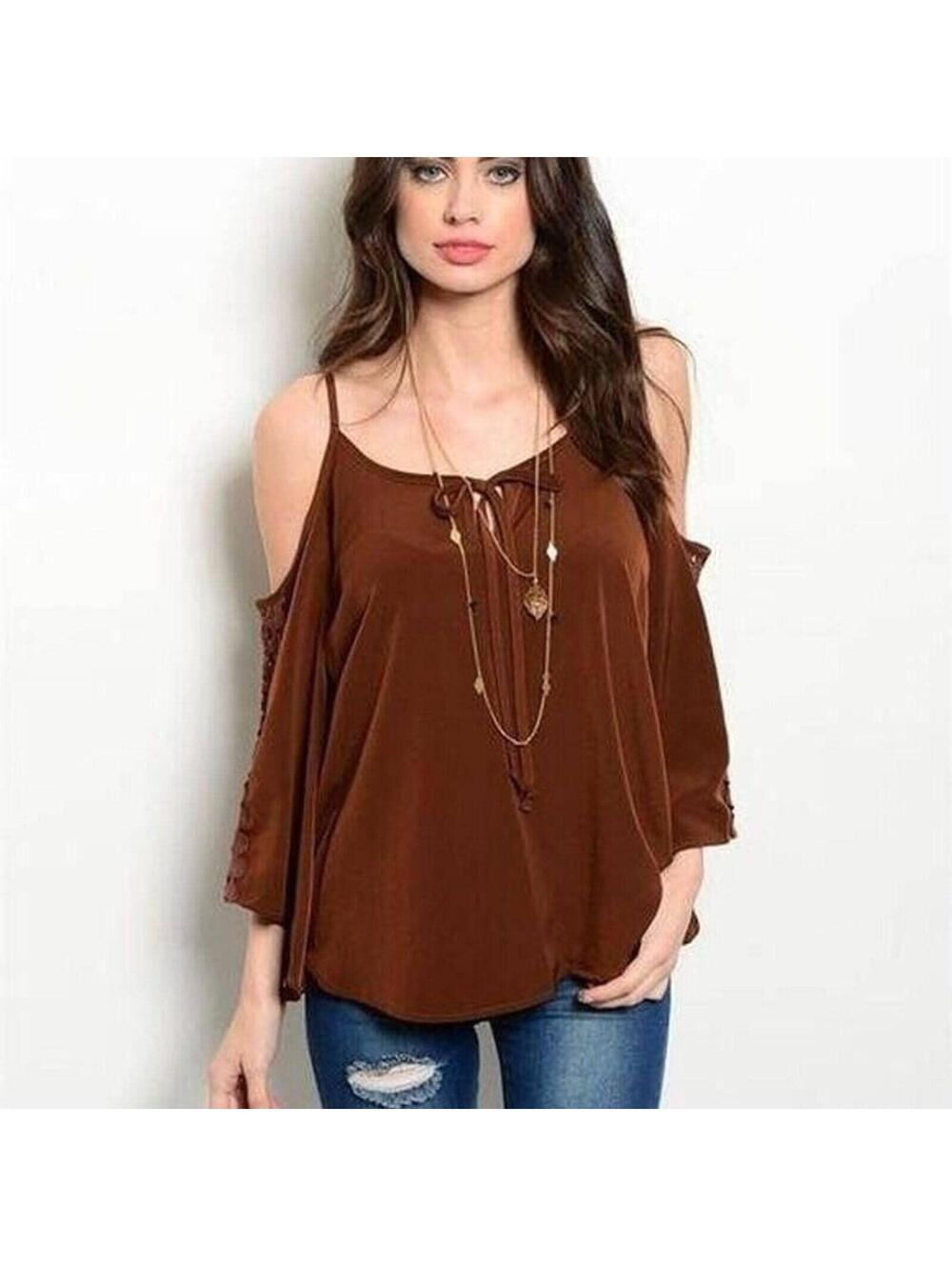 XSmall Womens Va Va by Joy Han Brown Cold Shoulder Blouse XS